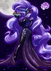 Size: 2400x3300 | Tagged: anthro, artist:toughset, boots, breasts, busty nightmare rarity, cleavage, clothes, costume, cupcake, derpibooru import, female, moon, nightmare rarity, non-mlp oc, oc, rainbow cupcake, side slit, solo, solo female, stupid sexy nightmare rarity, suggestive, thigh highs, unguligrade anthro, unofficial characters only