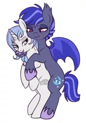 Size: 313x447 | Tagged: suggestive, artist:lulubell, derpibooru import, oc, oc:night watch, unofficial characters only, bat pony, pony, unicorn, vampire, blood, consensual vampirism, female, lesbian, neck biting, shipping, simple background, vampirism, white background