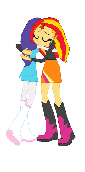 Size: 351x709 | Tagged: safe, derpibooru import, rarity, sunset shimmer, equestria girls, boots, clothes, fall formal outfits, high heel boots, hug, jacket, leather jacket, ms paint, raised leg, rear view, shipping, skirt, sunsarity