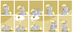 Size: 3395x1544 | Tagged: safe, artist:artist-apprentice587, derpibooru import, derpy hooves, pegasus, pony, :3, :o, blushing, comic, cute, derpabetes, dream, eating, eyes closed, female, frown, grumpy, hoof hold, mare, messy eating, muffin, nom, open mouth, panel play, paradox, prone, raised eyebrow, sleeping, sleepy, smiling, sweatdrop, thought bubble, wide eyes, yawn, zzz