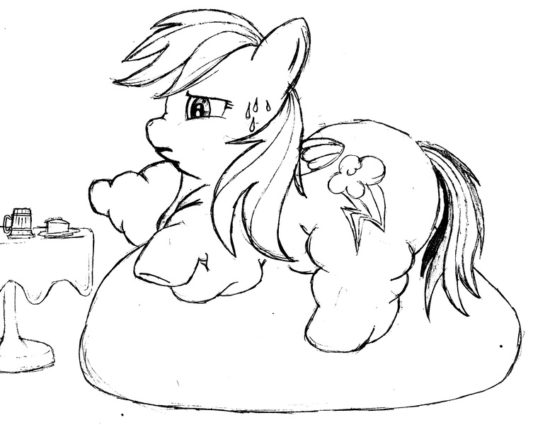 Size: 2749x2190 | Tagged: artist:fatponysketches, backwards cutie mark, belly, belly bed, derpibooru import, fat, immobile, impossibly large belly, monochrome, morbidly obese, obese, overweight, questionable, rainblob dash, rainbow dash, solo