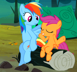 Size: 453x421 | Tagged: safe, derpibooru import, screencap, rainbow dash, rarity, scootaloo, sweetie belle, sleepless in ponyville, animated, cute, cutealoo, dashabetes, derp face, noogie, petting, scootalove