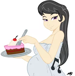 Size: 922x930 | Tagged: artist:megasweet, cake, edit, female, human, humanized, light skin, looking at you, octavia melody, pregnant, pregnant edit, safe, solo, towel