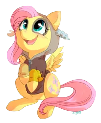 Size: 885x1072 | Tagged: safe, artist:c-puff, derpibooru import, discord, fluttershy, pegasus, pony, blushing, clothes, cute, female, happy, hoodie, mare, open mouth, roleplaying, shyabetes, solo