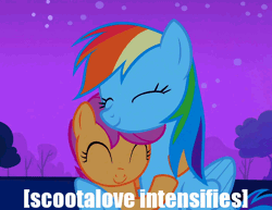 Size: 700x540 | Tagged: animated, caption, descriptive noise, edit, edited screencap, gif with captions, meme, rainbow dash, safe, scootaloo, scootalove, screencap, sleepless in ponyville, x intensifies