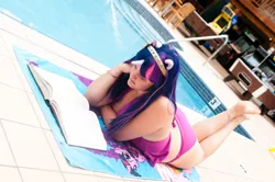 Size: 4288x2848 | Tagged: bikini, book, clothes, cosplay, derpibooru import, feet, human, irl, irl human, photo, reading, safe, solo, swimming pool, swimsuit, twilight sparkle