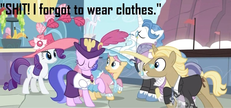 Size: 2048x957 | Tagged: safe, derpibooru import, edit, edited screencap, screencap, fancypants, golden gavel, pish posh, rarity, sea swirl, seafoam, silver frames, swan dive, swan song, vance van vendington, pony, unicorn, sweet and elite, caption, female, hub logo, image macro, male, mare, nudity, stallion, vulgar