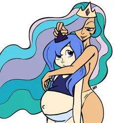 Size: 632x685 | Tagged: artist:megasweet, breasts, edit, human, humanized, light skin, pregnant, pregnant edit, princess celestia, princess luna, s1 luna, sideboob, simple background, suggestive, tanlestia