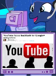 Size: 438x600 | Tagged: announcement, derpibooru import, exploitable meme, gamer luna, google+, meme, obligatory pony, princess luna, safe, tv meme, youtube