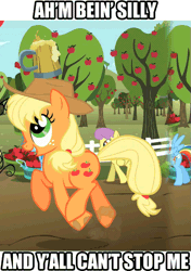 Size: 549x779 | Tagged: safe, derpibooru import, edit, edited screencap, screencap, applejack, gala appleby, granny smith, parasol, pink lady, earth pony, pegasus, pony, the super speedy cider squeezy 6000, accent, and nopony can stop me, animated, apple family member, caption, cider, cute, female, gif with captions, jackabetes, mare, prancing, silly, silly pony, who's a silly pony, y'all