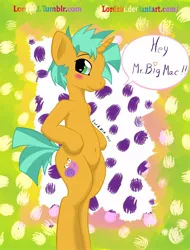 Size: 1280x1684 | Tagged: suggestive, artist:lordzid, derpibooru import, snails, pony, belly, belly button, bipedal, blushing, chubby, glitter shell, hips, male, solo, solo male, speech bubble, trap