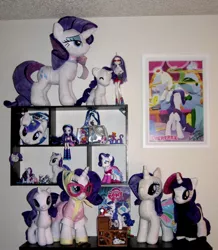 Size: 1164x1336 | Tagged: artist:whiteheather, collection, commonity, derpibooru import, doll, hoity toity, idw, irl, merchandise, multeity, my little pony logo, obsession, opalescence, photo, photo finish, plushie, poster, rarity, safe, steven magnet, toy