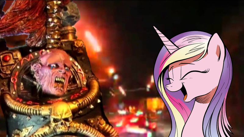 Size: 1280x720 | Tagged: abaddon, cadance laughs at your misery, chaos space marine, crying, derpibooru import, exploitable meme, failbaddon the armless, meme, obligatory pony, princess cadance, semi-grimdark, warhammer 40k, warhammer (game)