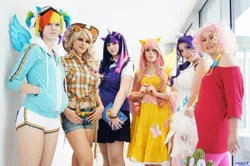 Size: 1280x849 | Tagged: applejack, artist:burloire, artist:kalasnacks, artist:panda treats, artist:positori, artist:rose0fmay, cosplay, derpibooru import, fluttershy, human, irl, irl human, mane six, photo, pinkie pie, rainbow dash, rarity, safe, twilight sparkle