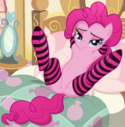 Size: 1280x1307 | Tagged: armpits, artist:illuminatiums, bed, bedroom, bedroom eyes, belly button, clothes, derpibooru import, edit, featureless crotch, female, pinkie pie, show accurate, show accurate porn, socks, solo, solo female, spread legs, striped socks, suggestive