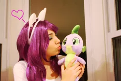 Size: 3888x2592 | Tagged: safe, artist:littlemisslatina, derpibooru import, rarity, spike, human, female, heart, irl, irl human, male, photo, plushie, shipping, sparity, spike plushie, straight