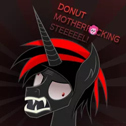 Size: 6000x6000 | Tagged: dead source, safe, artist:radiationalpha, derpibooru import, pinkie pie, oc, alicorn, pony, equestria girls, absurd resolution, alicorn oc, censorship, derp, donut steel, edgy, familiar, fangs, long horn, novelty censor, original character do not steal, pointy horn, red and black oc, screaming, semi-vulgar, slit eyes, solo, sunburst background, vector, vulgar