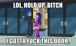 Size: 619x382 | Tagged: safe, derpibooru import, flash sentry, twilight sparkle, equestria girls, door, exploitable meme, flash sentry savior of the universe, image macro, meme, vulgar