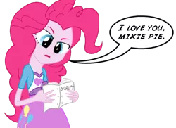 Size: 826x600 | Tagged: safe, artist:the-ross, derpibooru import, pinkie pie, oc, equestria girls, /oat/, canon x oc, disproportional anatomy, mikie pie, mlpchan, reading, script, solo