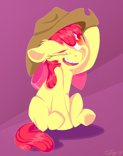 Size: 2421x3064 | Tagged: safe, artist:graystripe64, derpibooru import, apple bloom, earth pony, pony, adorabloom, blank flank, clothes, cowboy hat, cute, ear fluff, hat, one eye closed, open mouth, oversized clothes, sitting, smiling, solo