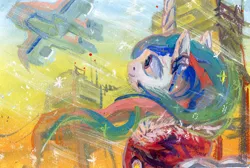 Size: 4670x3134 | Tagged: aircraft, artist:quiet-victories, city, cityscape, clothes, derpibooru import, gouache, plane, princess celestia, safe, science fiction, snow, snowfall, traditional art