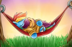 Size: 900x585 | Tagged: dead source, safe, artist:xioade, derpibooru import, rainbow dash, scootaloo, pegasus, pony, clothes, cuddling, cute, eyes closed, female, filly, grass, hammock, mare, scootalove, shared clothing, sleeping, snuggling, sunset, sweater