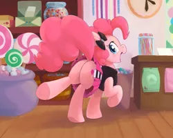 Size: 1100x880 | Tagged: safe, artist:ajin, derpibooru import, pinkie pie, earth pony, pony, adorasexy, bow, candy, clothes, cute, diapinkes, dock, female, happy, hoof popping, indoors, interior, looking at you, looking back, looking back at you, mare, miniskirt, open mouth, pinkie pie's boutique, plot, raised hoof, raised leg, sexy, shop, shopkeeper, skirt, smiling, solo, sugarcube corner, sweets, underhoof, upskirt