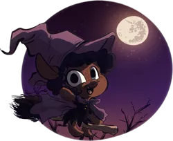 Size: 783x639 | Tagged: artist:tweissie, broom, cape, clothes, costume, dead tree, derpibooru import, flying, flying broomstick, full moon, hat, looking at you, mare in the moon, moon, night, night sky, oc, oc:rice paddy, open mouth, safe, simple background, smiling, solo, stars, transparent background, tree, unofficial characters only, waving, witch, witch hat