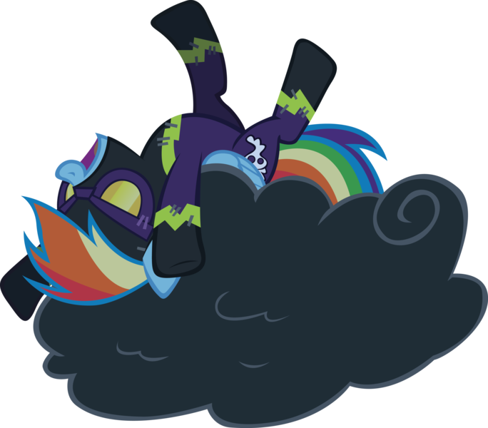 Size: 3868x3392 | Tagged: safe, artist:rainbowcrab, derpibooru import, rainbow dash, pegasus, pony, luna eclipsed, clothes, cloud, costume, female, hooves, laughing, lying on a cloud, mare, nightmare night, on a cloud, on back, open mouth, shadowbolt dash, shadowbolts, shadowbolts costume, simple background, solo, transparent background, vector, wings