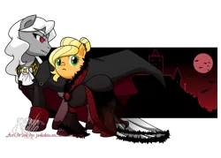 Size: 1120x800 | Tagged: alternate hairstyle, appleborg, applejack, artist:yokokinawa, blood moon, cape, castle, clothes, crossover, dracula, dress, goth, gothic, moon, oc, oc:dracula, ponified, safe, simple background, transparent background, vampire, vampony