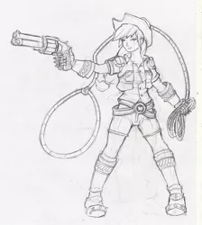 Size: 859x960 | Tagged: applejack, artist:valornomad, clothes, derpibooru import, fantasy class, gloves, gun, human, humanized, lasso, monochrome, part of a set, revolver, safe, sketch, solo, traditional art, trigger discipline, weapon, wip