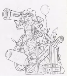 Size: 843x960 | Tagged: artist:valornomad, balloon, bomb, box, derpibooru import, explosives, fantasy class, fireworks, goggles, human, humanized, monochrome, partillery, party cannon, pinkie pie, rocket launcher, safe, solo, traditional art, weapon, wip