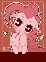 Size: 600x800 | Tagged: safe, artist:umeguru, derpibooru import, pinkie pie, :3, blushing, floppy ears, head tilt, leaning, looking at you, pocky, smiling, solo