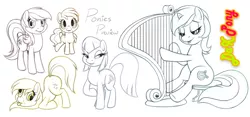 Size: 900x421 | Tagged: safe, artist:dax, derpibooru import, derpy hooves, lyra heartstrings, peachy pie, powder rouge, roseluck, pegasus, pony, female, harp, mare, musical instrument, sitting