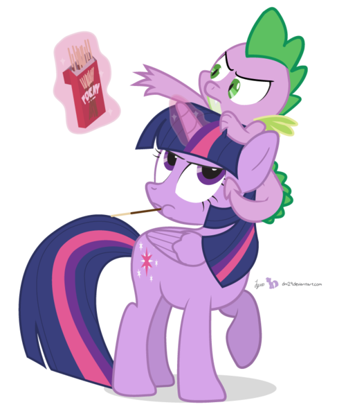 Size: 750x900 | Tagged: safe, artist:dm29, derpibooru import, spike, twilight sparkle, twilight sparkle (alicorn), alicorn, pony, dragon hat, duo, female, food, frown, glare, levitation, magic, mare, pocky, pony hat, puffy cheeks, raised hoof, reaching, simple background, telekinesis, transparent background, vector