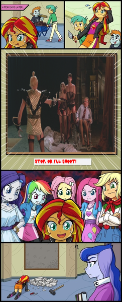 Size: 414x1024 | Tagged: safe, derpibooru import, applejack, fluttershy, pinkie pie, princess luna, rainbow dash, rarity, snails, snips, sunset shimmer, equestria girls, brad majors, dr. everett v. scott, exploitable meme, gun, janet weiss, meme, riff raff, rocky horror picture show, sunset's art critics, vice principal luna