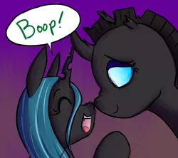 Size: 1000x888 | Tagged: artist:ryuredwings, boop, changeling, changeling oc, changeling queen, cute, cutealis, duo, duo female, eyes closed, female, filly queen chrysalis, gradient background, noseboop, nose wrinkle, nymph, oc, ocbetes, open mouth, queen chrysalis, safe, simple background, smiling