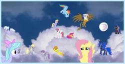 Size: 956x490 | Tagged: safe, derpibooru import, blossomforth, cloud kicker, cloudchaser, derpy hooves, ditzy doo, flitter, fluttershy, gilda, princess luna, rainbow dash, scootaloo, spitfire, gryphon, pegasus, pony, blushing, clothes, cloud, cloudy, costume, embarrassed, female, mare, mare in the moon, moon, night, shadowbolts, shadowbolts costume, sky