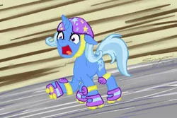 Size: 960x640 | Tagged: safe, artist:snapai, derpibooru import, trixie, pony, unicorn, female, helmet, mare, roller skates, solo