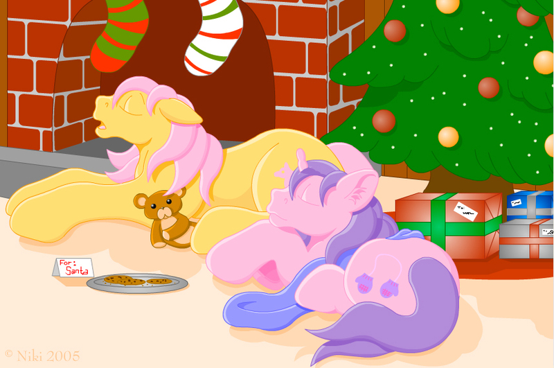 Size: 858x569 | Tagged: artist:kohala8, christmas, christmas stocking, christmas tree, cookie, derpibooru import, g1, milkweed, safe, sleeping, snookums, teddy bear, tree