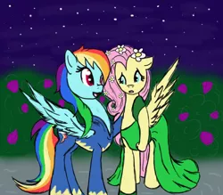 Size: 1024x896 | Tagged: artist:ookami-chan1, artist:wolfspirit1292, clothes, costume, derpibooru import, dress, fluttershy, gala dress, rainbow dash, safe