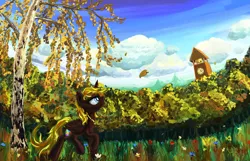 Size: 1400x900 | Tagged: safe, artist:equie, artist:sapsan, derpibooru import, oc, oc:equie, unofficial characters only, alicorn, pony, alicorn oc, autumn, bell, clock, clock tower, flower, forest, grass, leaf, leaves, necklace, ponyville tower, solo, tree