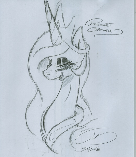 Size: 1712x1970 | Tagged: safe, artist:digitaldomain123, derpibooru import, princess celestia, alicorn, pony, blushing, female, mare, monochrome, sketch, smiling, solo, traditional art