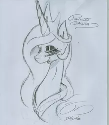 Size: 1712x1970 | Tagged: safe, artist:digitaldomain123, derpibooru import, princess celestia, alicorn, pony, blushing, female, mare, monochrome, sketch, smiling, solo, traditional art