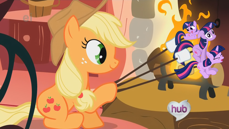Size: 889x500 | Tagged: suggestive, derpibooru import, edit, edited screencap, screencap, applejack, twilight sparkle, earth pony, pony, unicorn, look before you sleep, applejack's special marshmallows, cooked alive, cooking, exploitable meme, female, fire, fireplace, food, hub logo, insertion, mare, marshmallow, meme, micro, pony as food, varying degrees of want, wide eyes