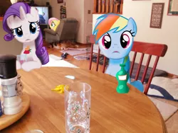 Size: 1024x768 | Tagged: artist:nikorurene, derpibooru import, drink, fluttershy, interior, irl, looking at you, photo, ponies in real life, rainbow dash, rarity, safe, table, television