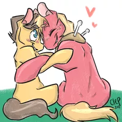 Size: 800x800 | Tagged: safe, artist:cleppyclep, derpibooru import, big macintosh, caramel, earth pony, pony, back, blushing, caramac, gay, heart, male, shipping, stallion