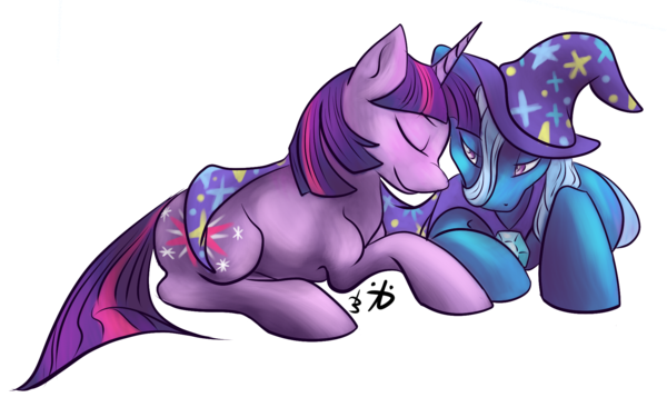 Size: 600x375 | Tagged: safe, artist:rattlesire, derpibooru import, trixie, twilight sparkle, female, lesbian, shipping, twixie