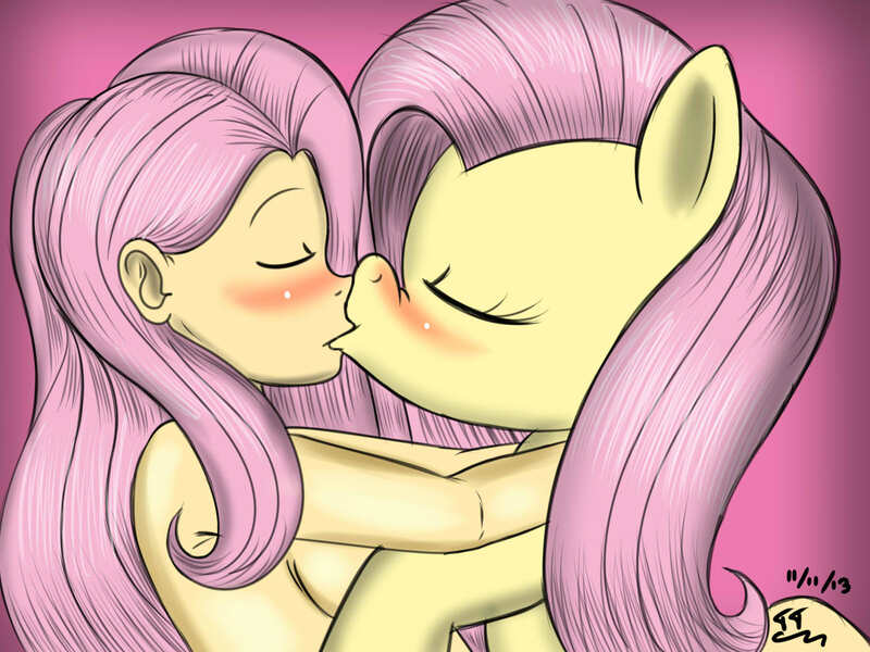 Size: 1600x1200 | Tagged: suggestive, artist:tomtornados, derpibooru import, fluttershy, human, pony, breasts, colored, female, human on pony action, human ponidox, humanized, humanized human on pony action, kissing, lesbian, light skin, nudity, selfcest, sideboob