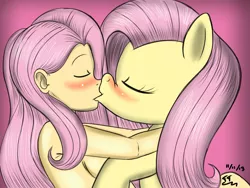 Size: 1600x1200 | Tagged: suggestive, artist:tomtornados, derpibooru import, fluttershy, human, pony, breasts, colored, female, human on pony action, human ponidox, humanized, humanized human on pony action, kissing, lesbian, light skin, nudity, selfcest, sideboob